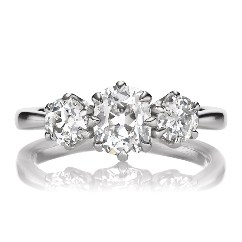 Bright Three-Stone Diamond Ring in Platinum Prong Setting