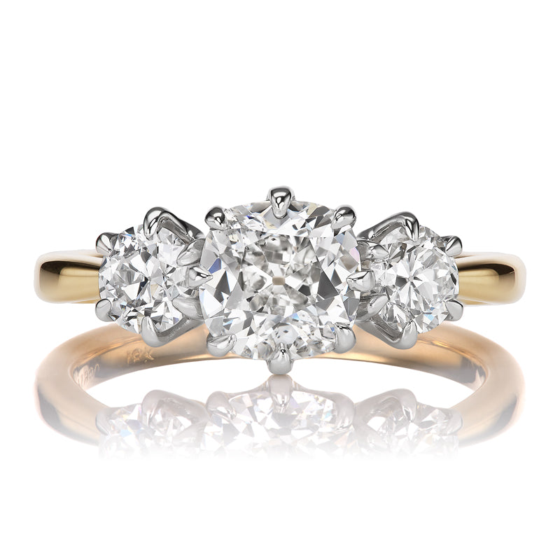 Bright White Three Stone Old Mine Cut Diamonds in Two-Tone Setting