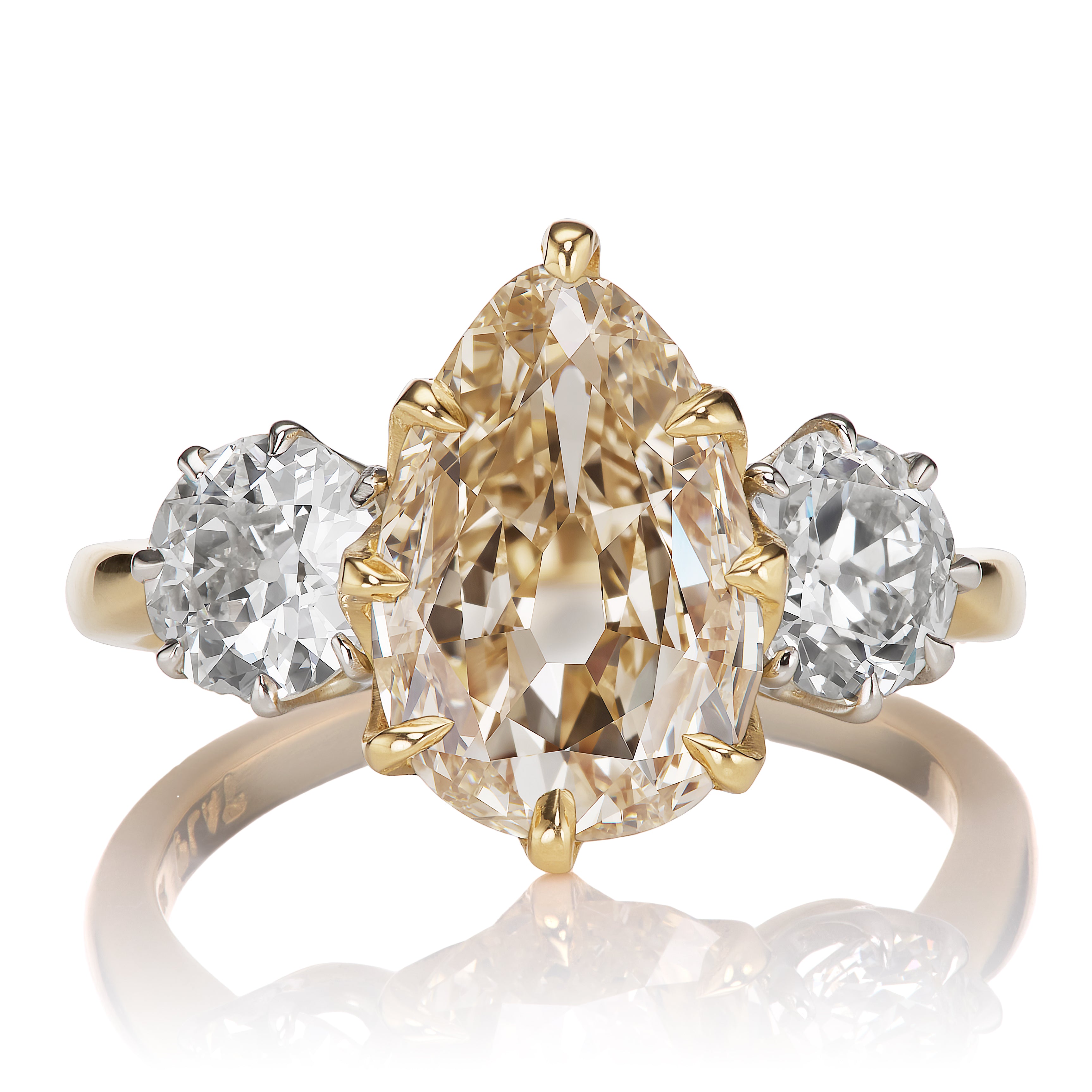 Champagne Pear Cut Diamond with Bright Old Cut Side Stones
