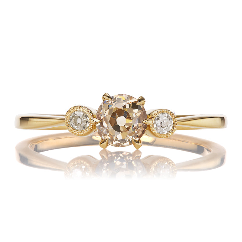 Champagne Old European Cut Diamond Ring with Dainty Bezel-Set Side Stones