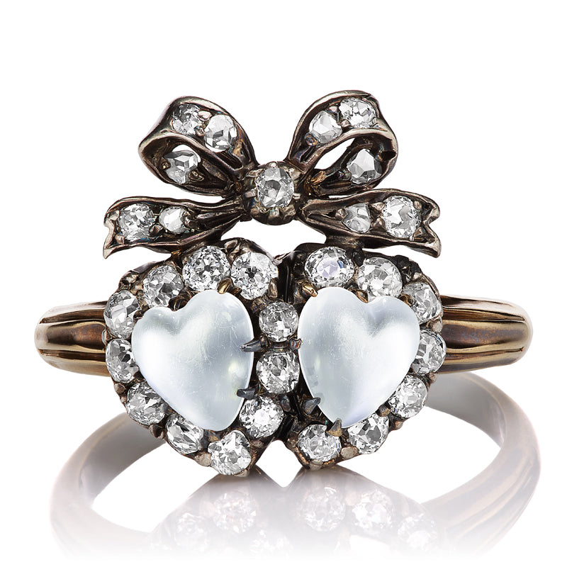 Antique Double Heart Moonstone and Diamond Ring