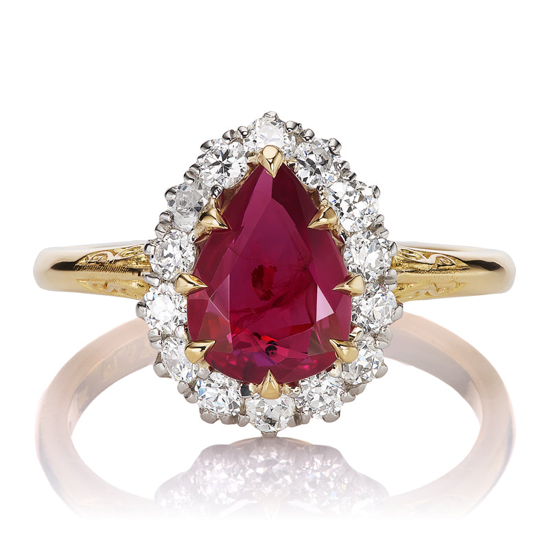 Pear-Shaped Ruby and Old European Cut Diamond Cluster Ring