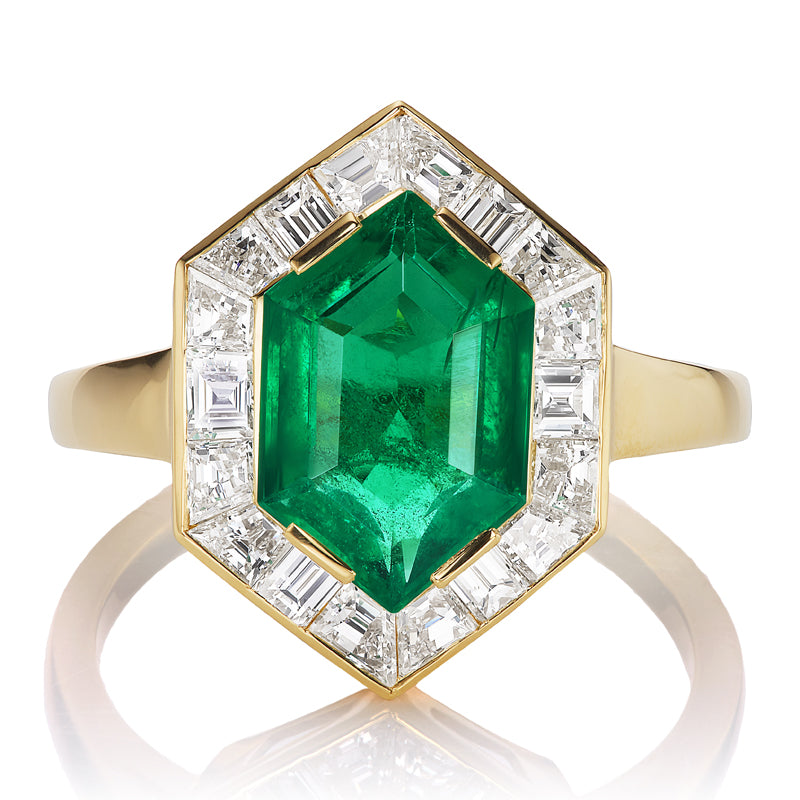 Hexagonal Cut Zambian Emerald with Emerald Cut Diamond Halo