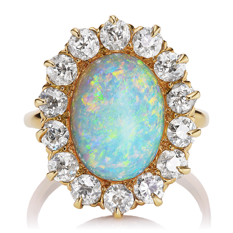 Antique Edwardian White Opal and Diamond Cluster Ring