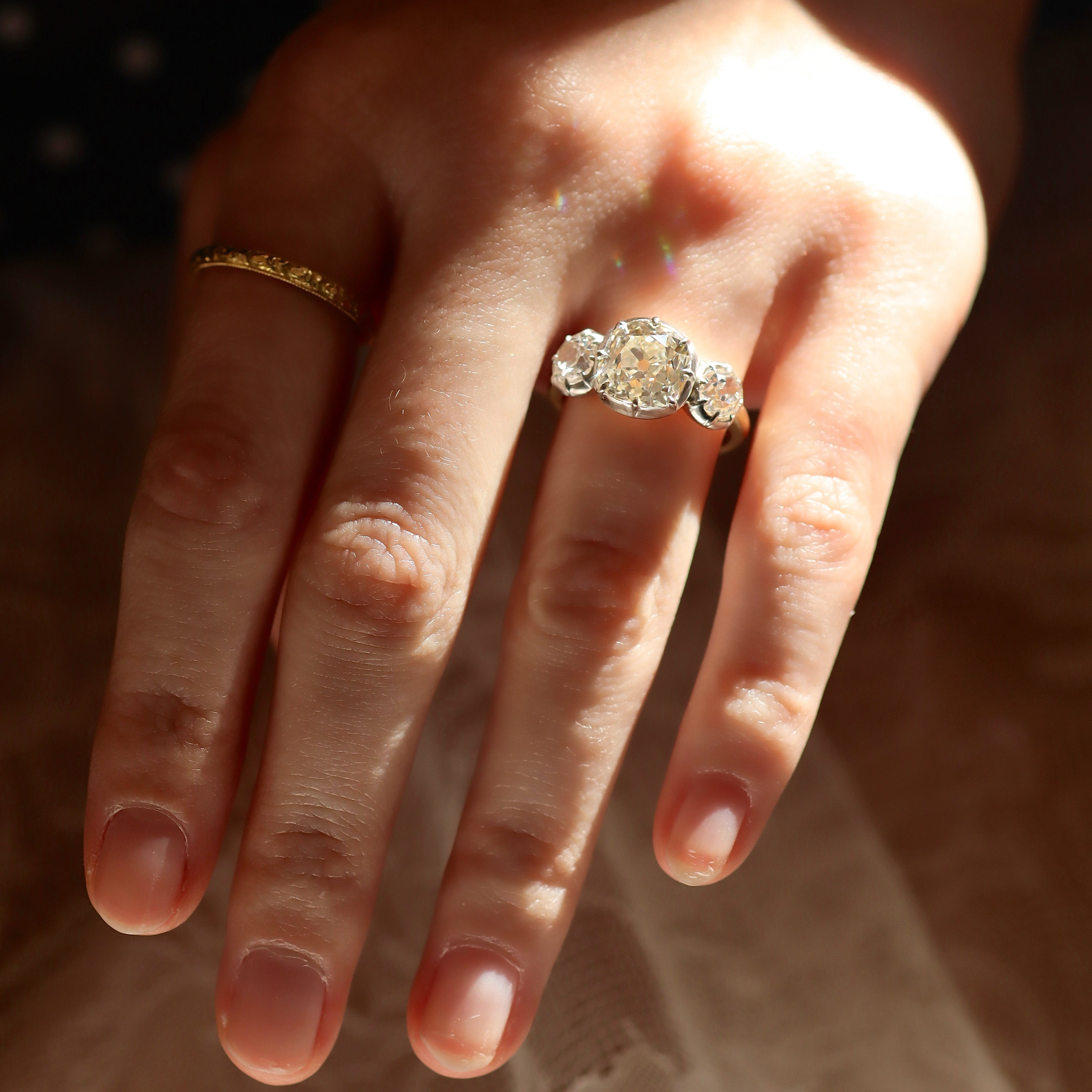 Old Mine Cut Diamond Three Stone Ring in Collet Setting – Andria