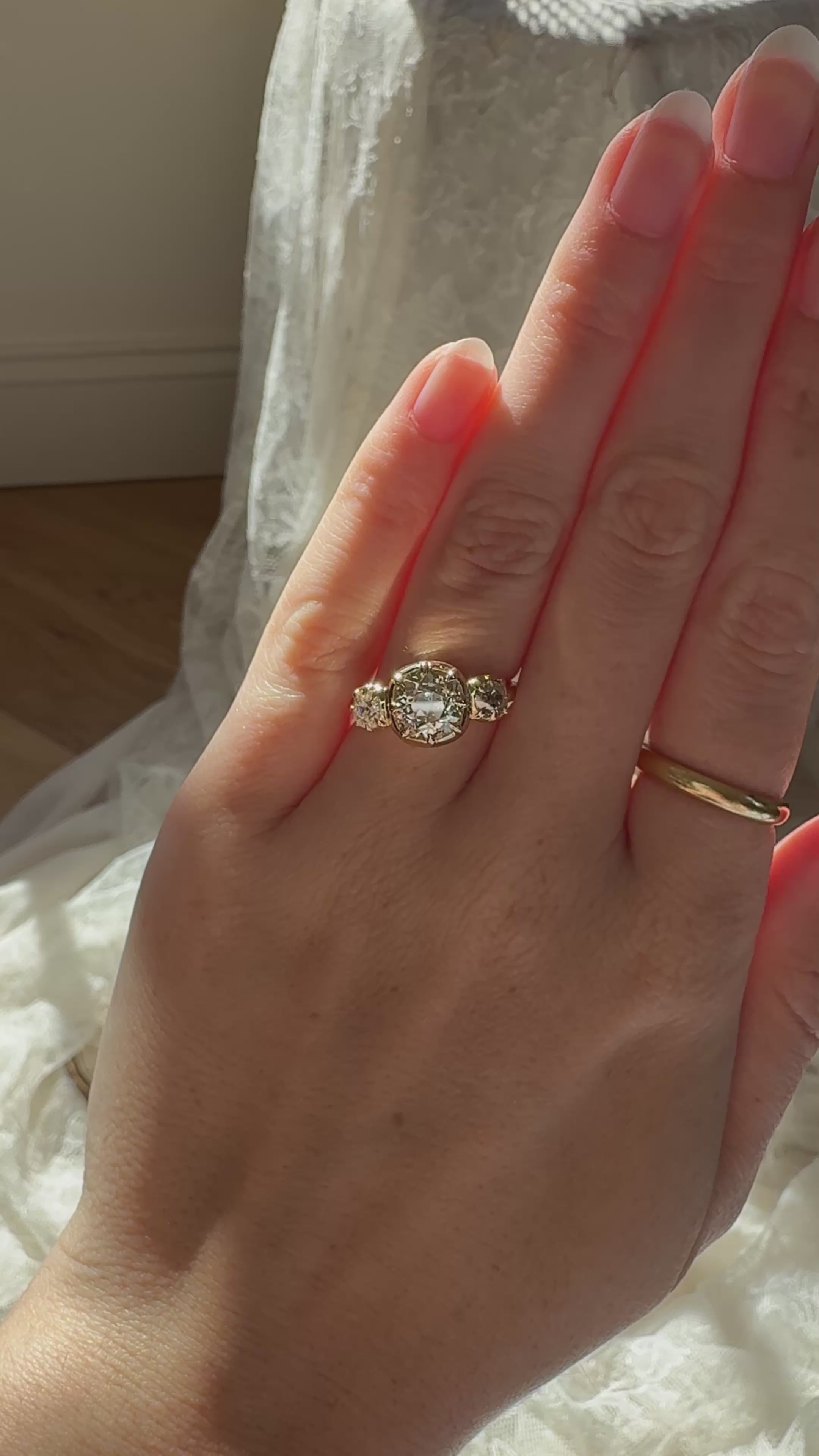 Three-stone Old Mine cut diamond Rings