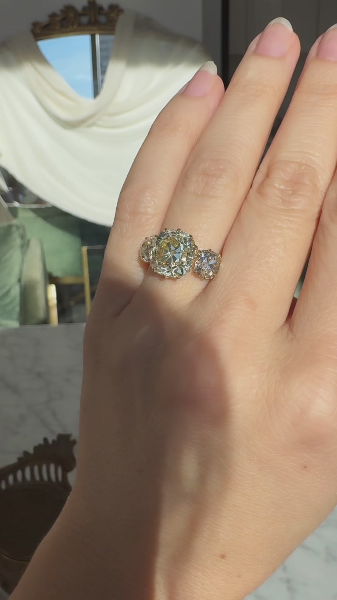 Three-stone Old Mine cut diamond Rings