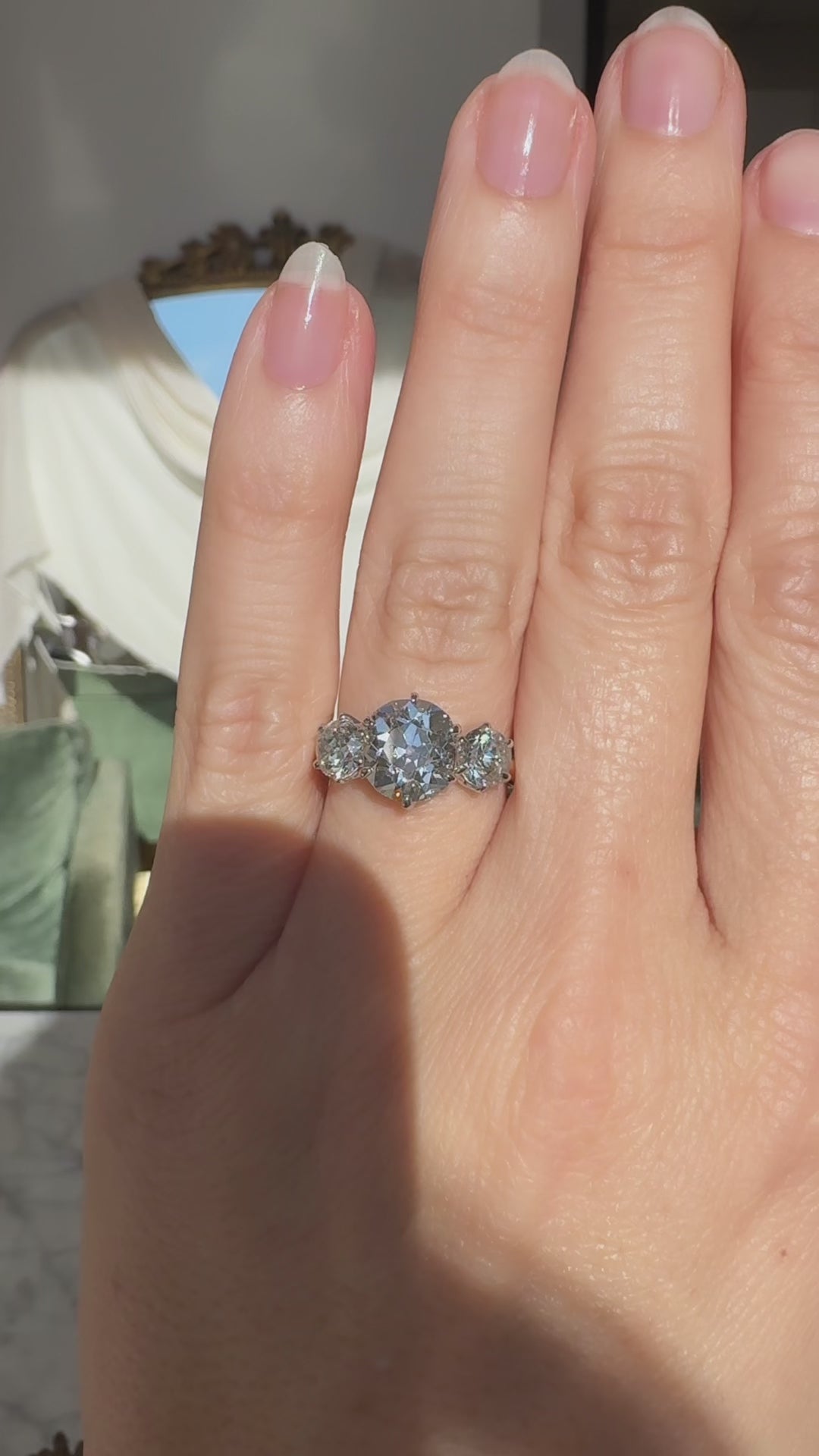 Three-stone Old Mine cut diamond Rings