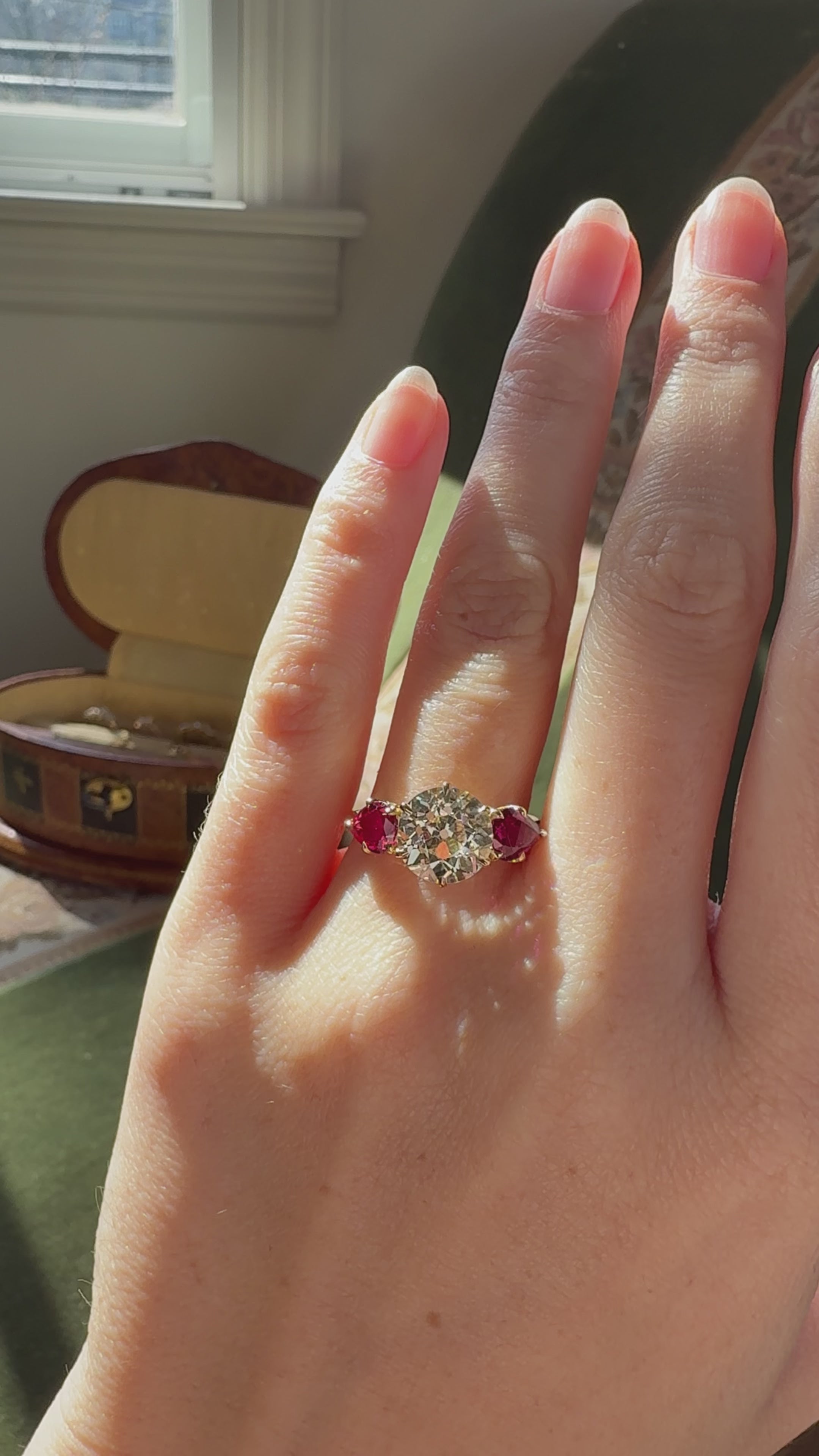 Old European Cut Diamond Ring with Pear Cut Ruby Side Stones
