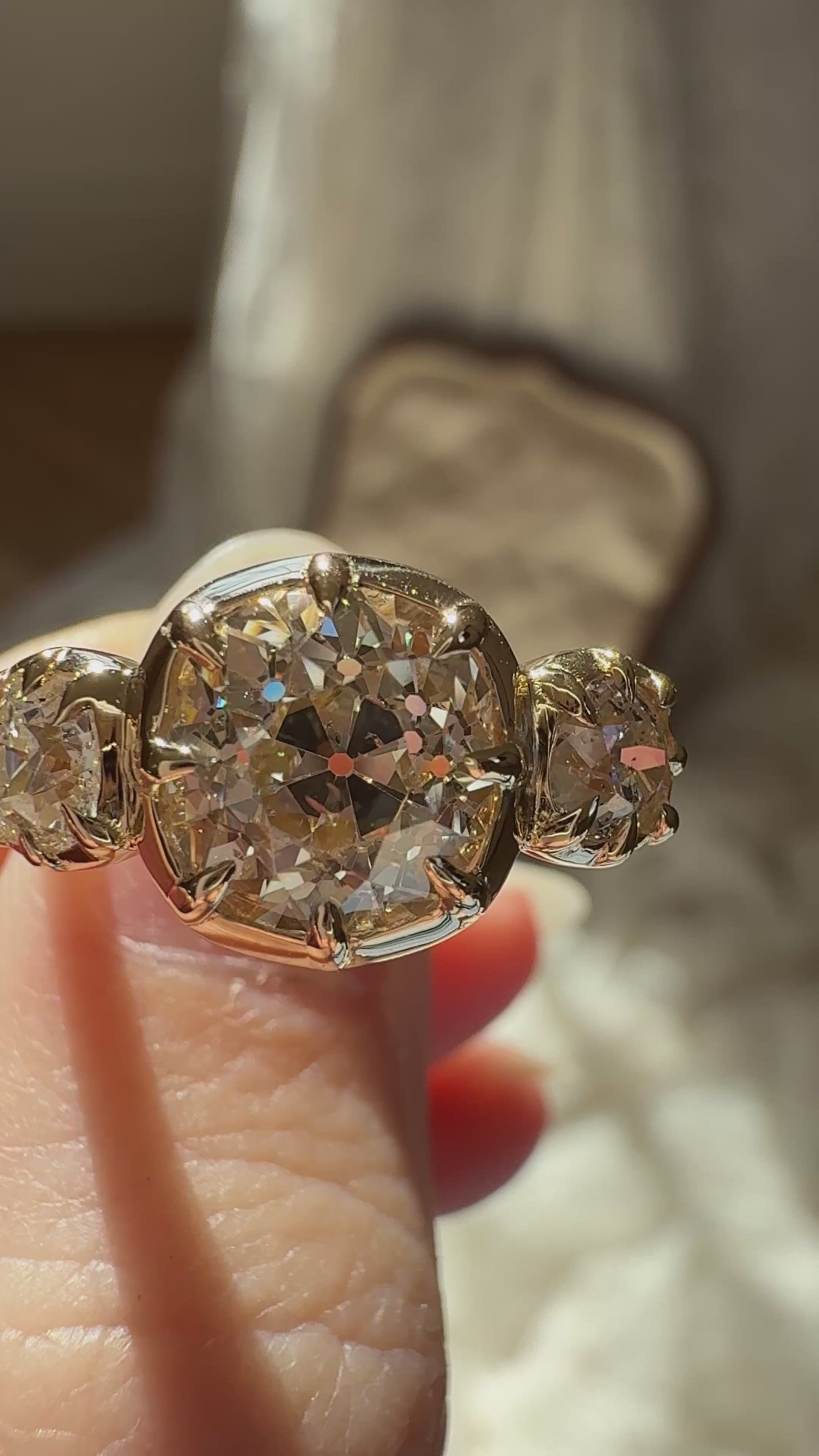  videos and images of vintage Rings-Three-stone Old Mine cut diamond Rings