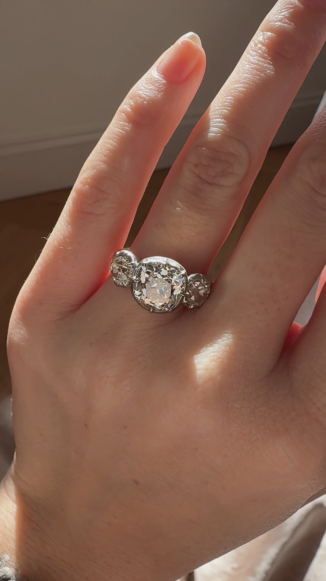 Old Mine Cut Diamond Three Stone Ring in Collet Setting – Andria