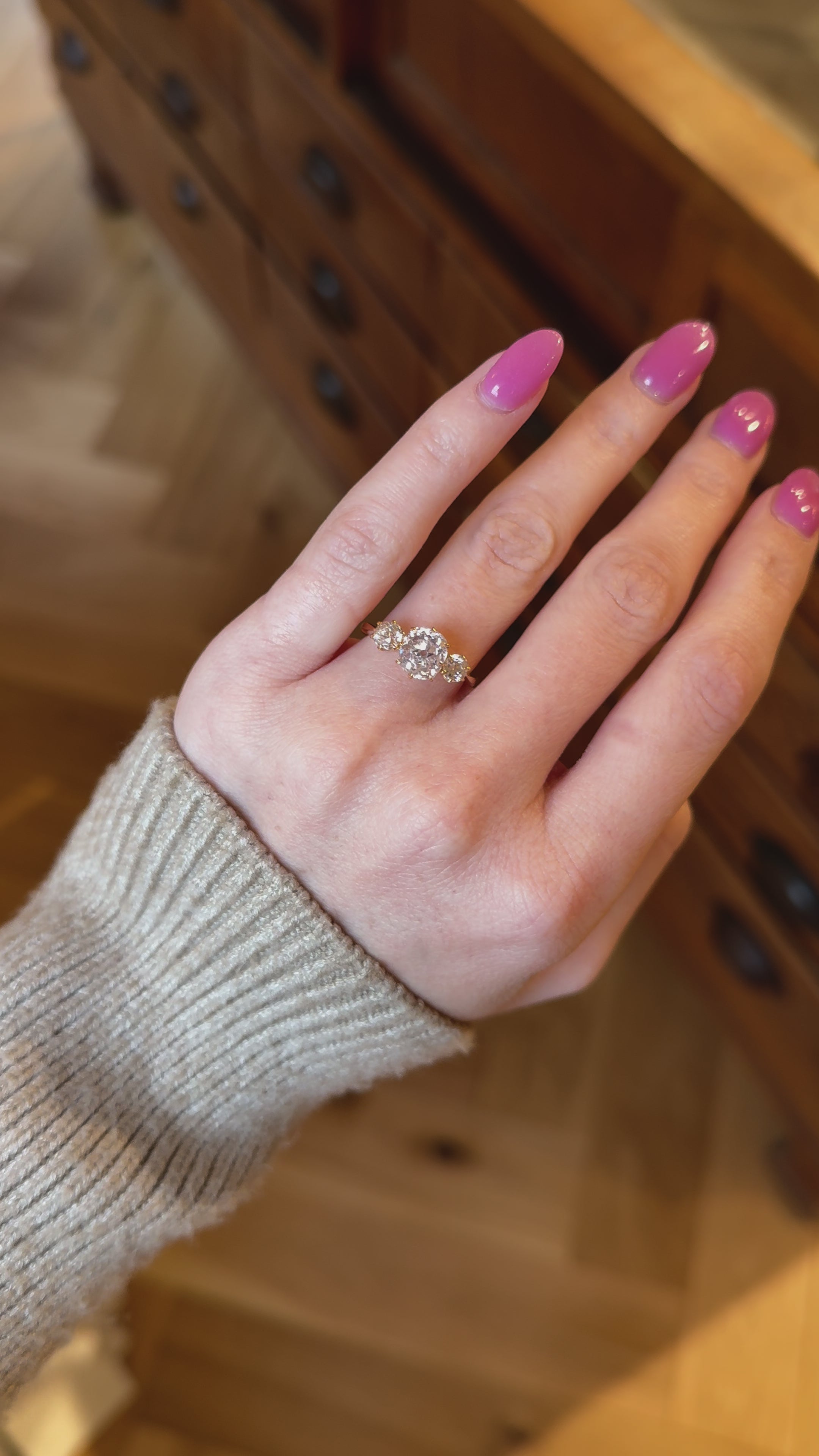Three-stone Old Mine cut diamond Rings