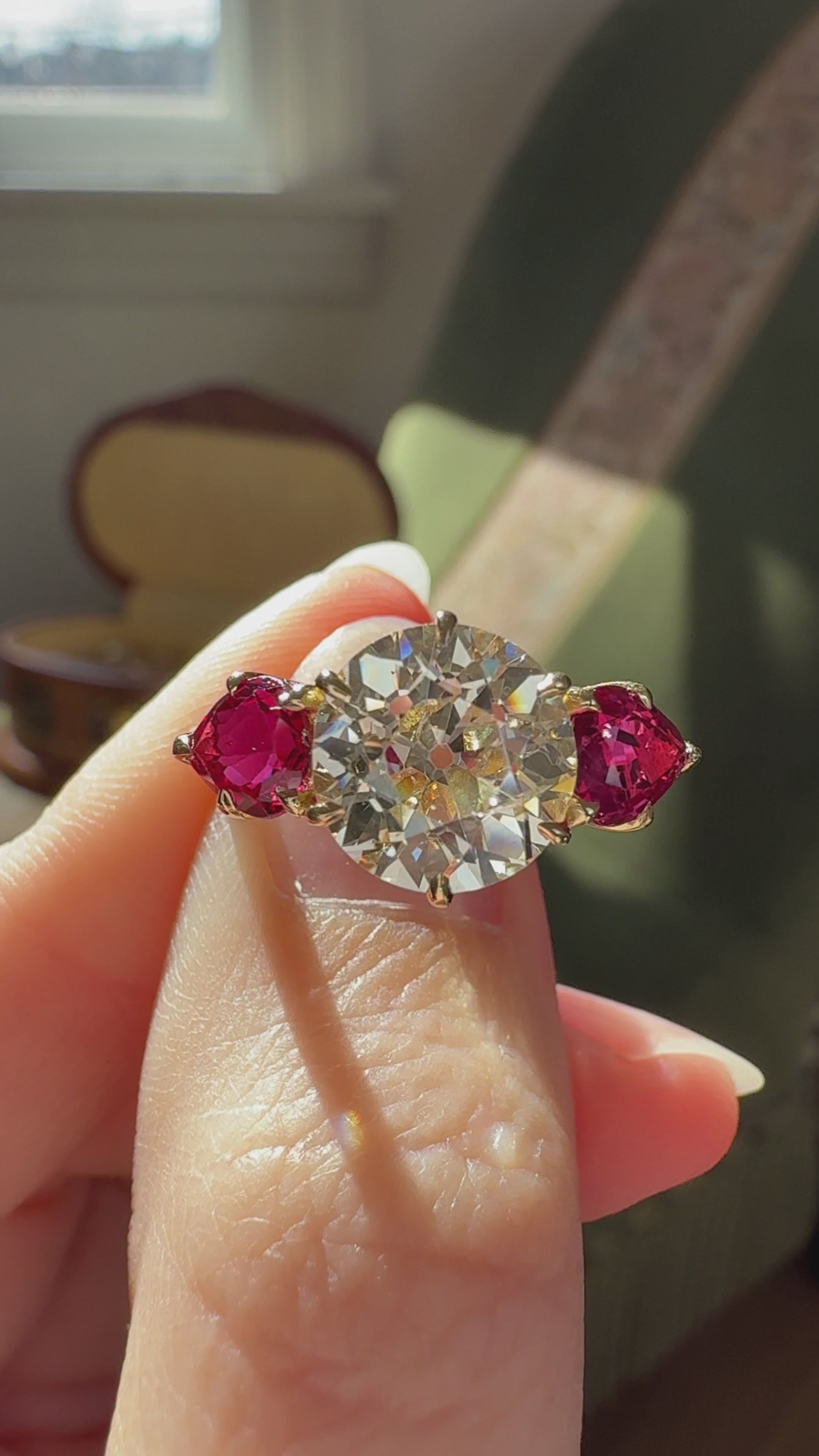 Old European Cut Diamond Ring with Pear Cut Ruby Side Stones