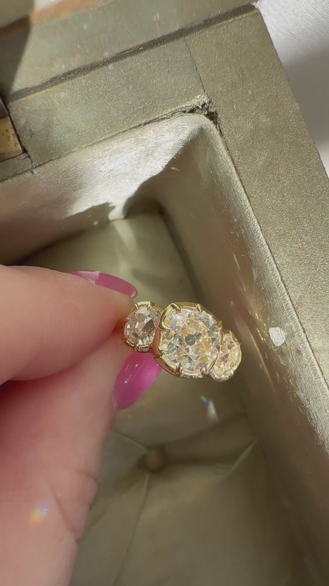  videos and images of vintage Rings-Three-stone Old Mine cut diamond Rings