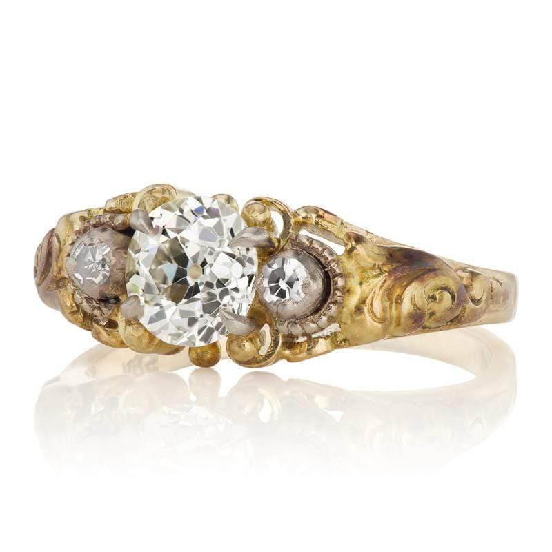 Old European Cut Diamond Ring Platinum Topped 14 Karat Yellow Gold Setting