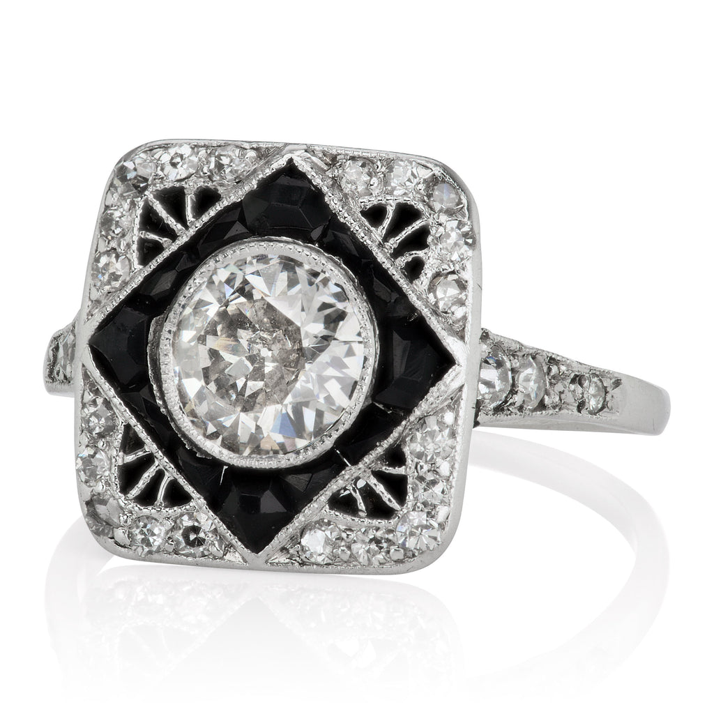 0.90ct old European cut diamond Unique Antique Onyx & Diamond Engagement Ring