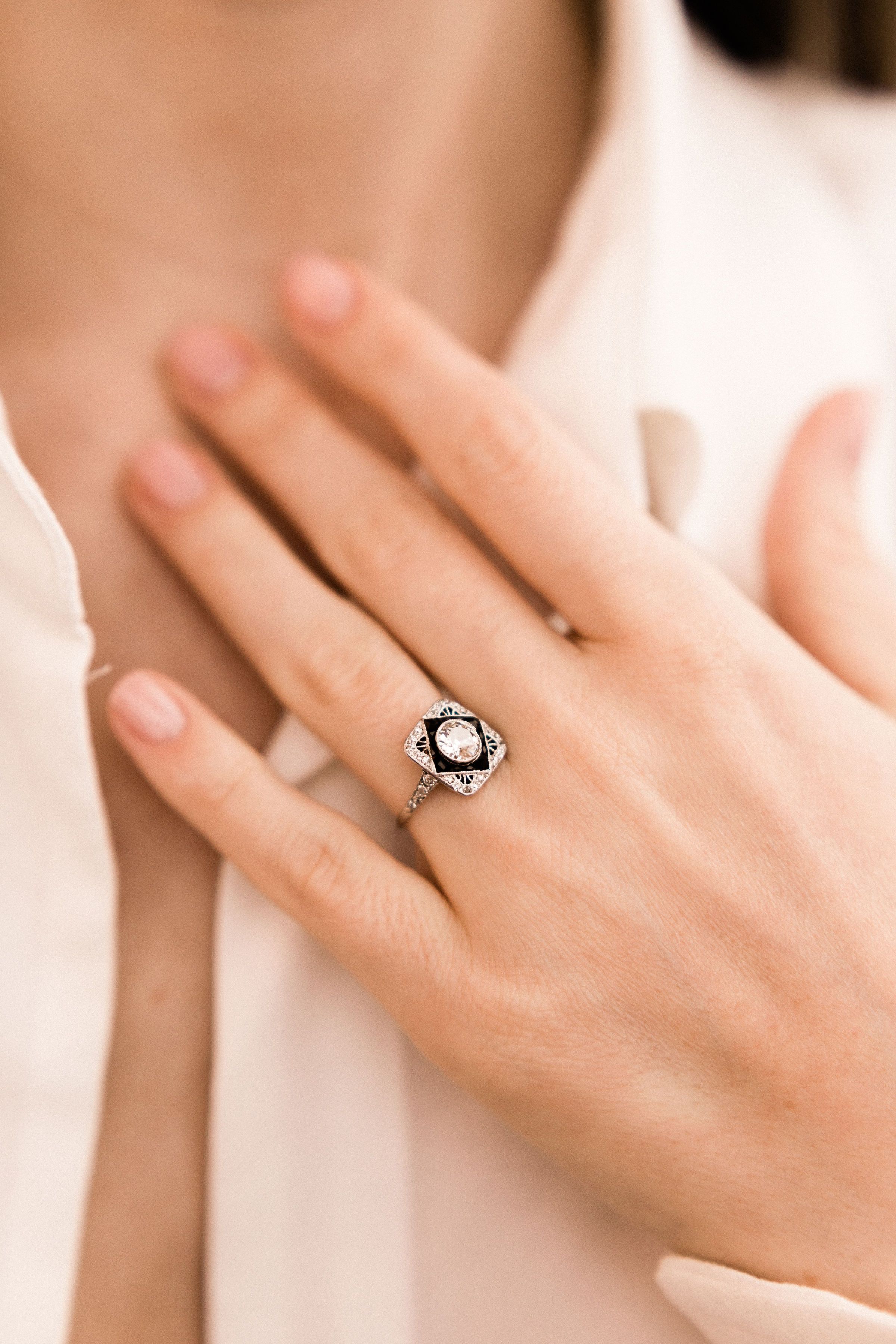 0.90ct old European cut diamond Unique Antique Onyx & Diamond Engagement Ring