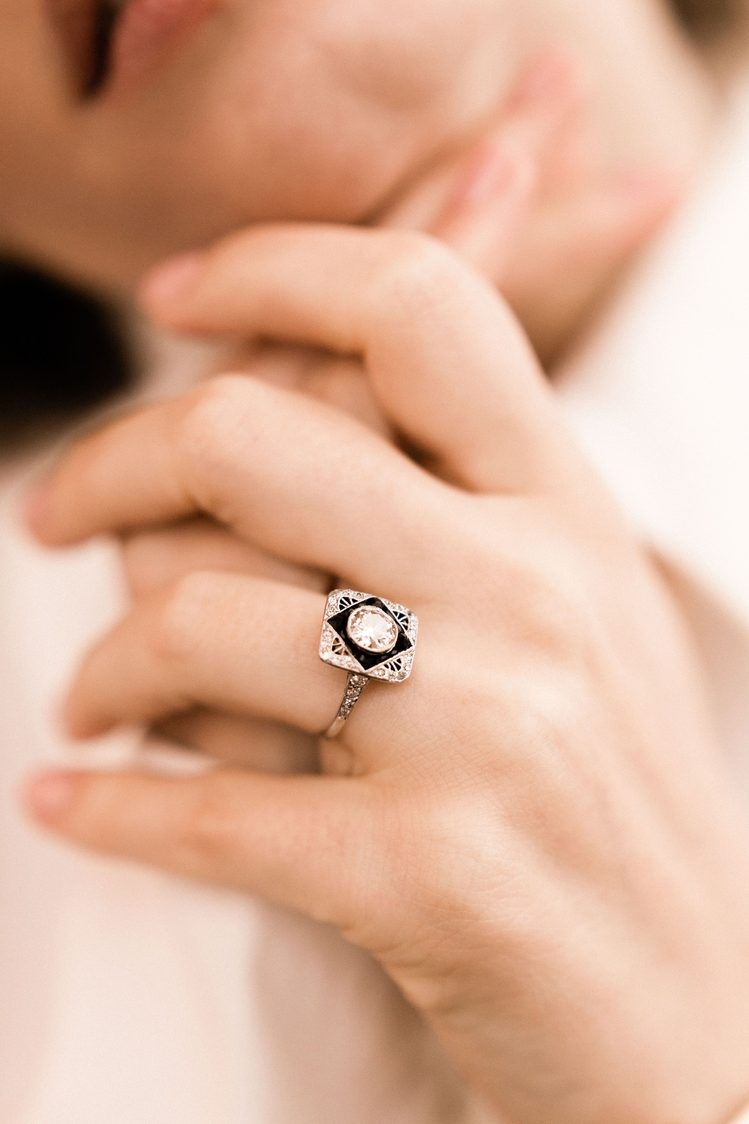 0.90ct old European cut diamond Unique Antique Onyx & Diamond Engagement Ring