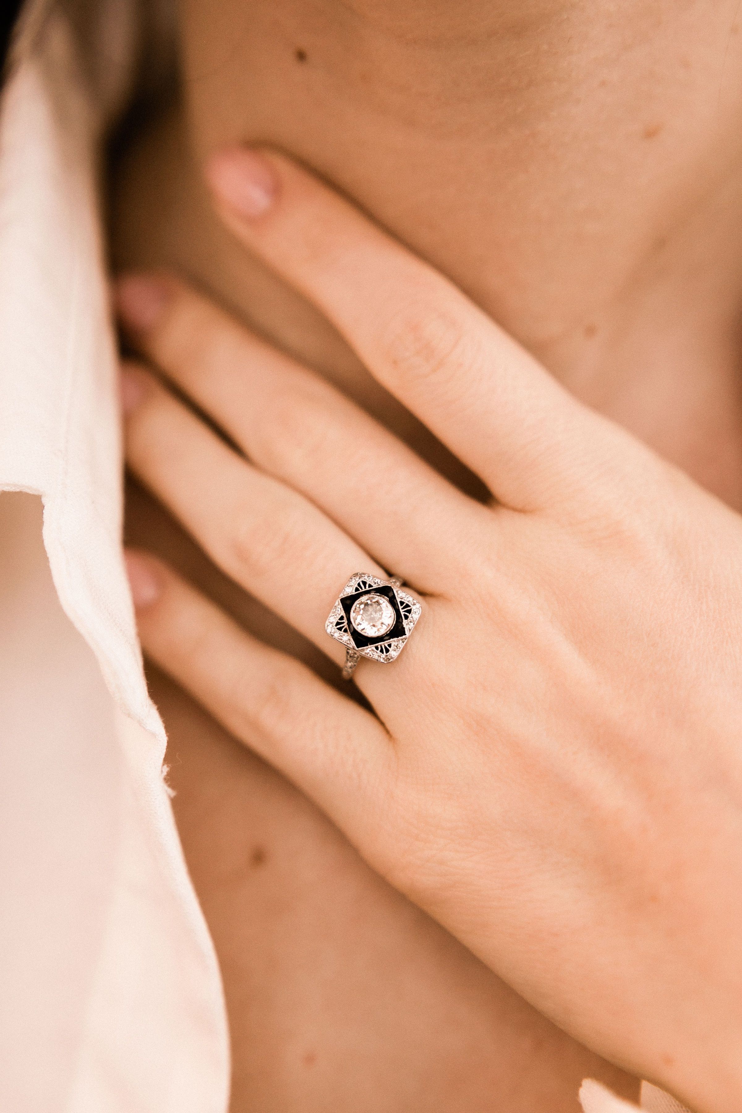 0.90ct old European cut diamond Unique Antique Onyx & Diamond Engagement Ring