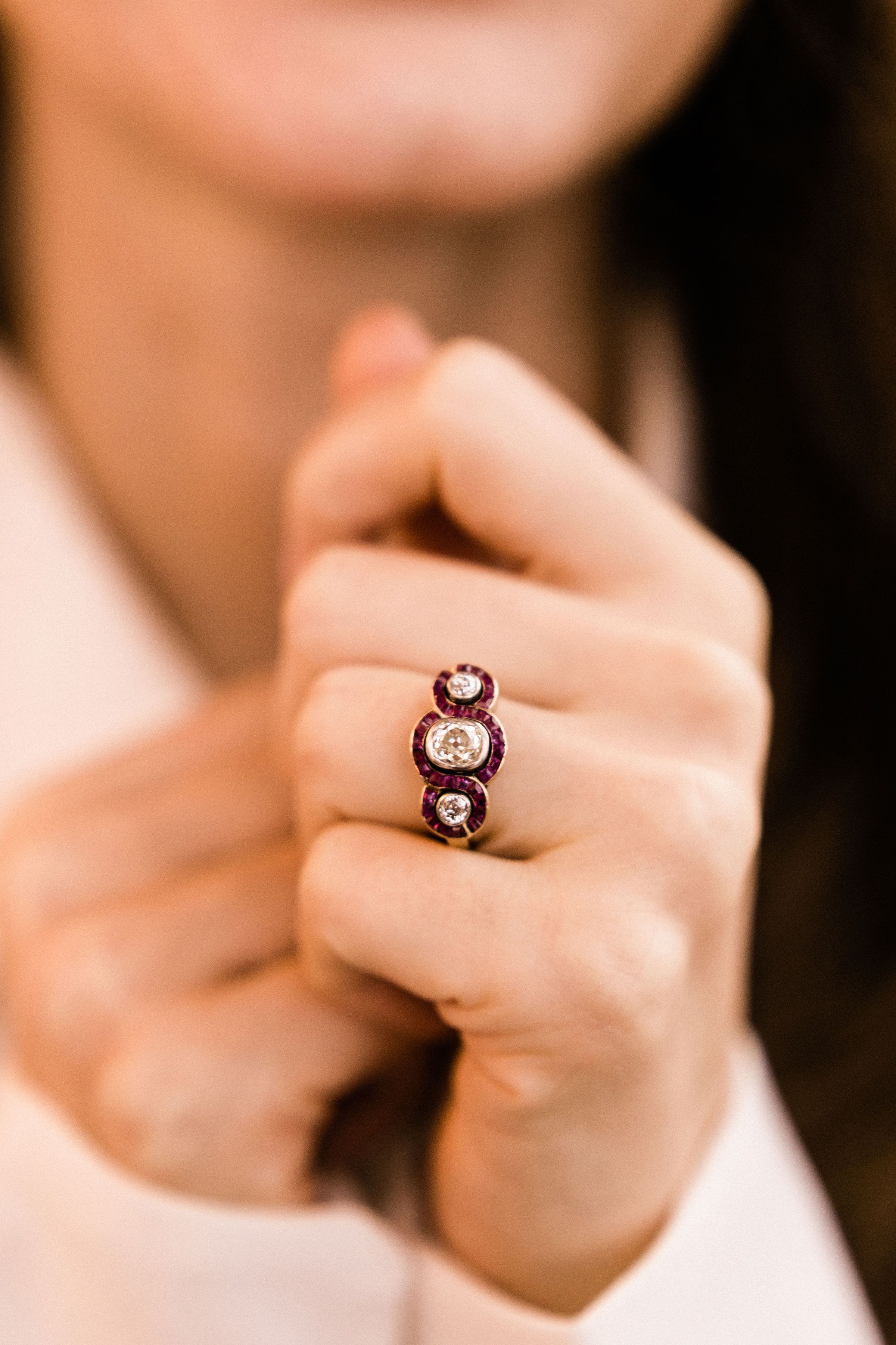 0.90ct old mine cut diamond Three Stone Oval Halo Engagement Ring