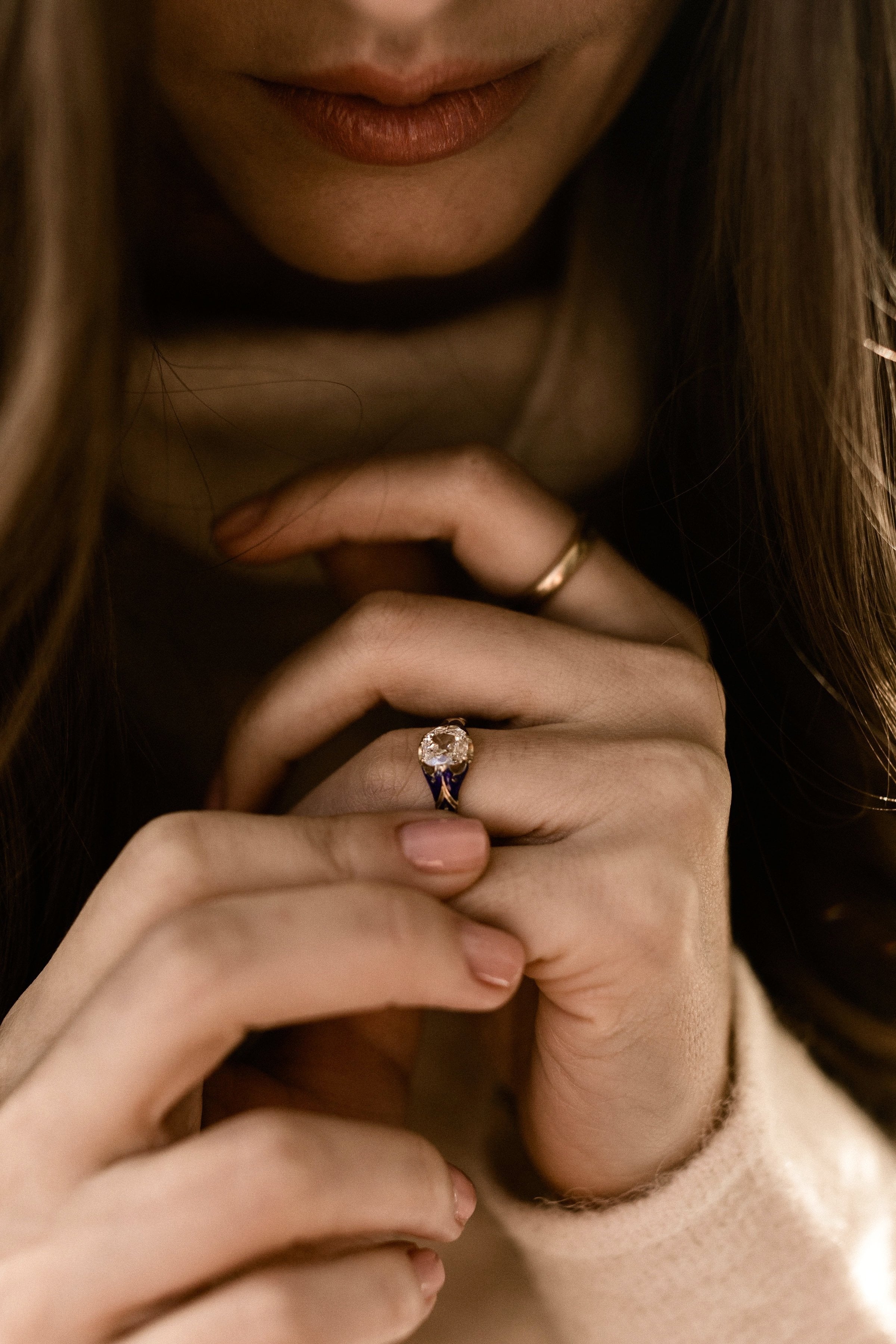 0.93ct antique cushion diamond Blue Enamel Engagement Ring Circa 1890