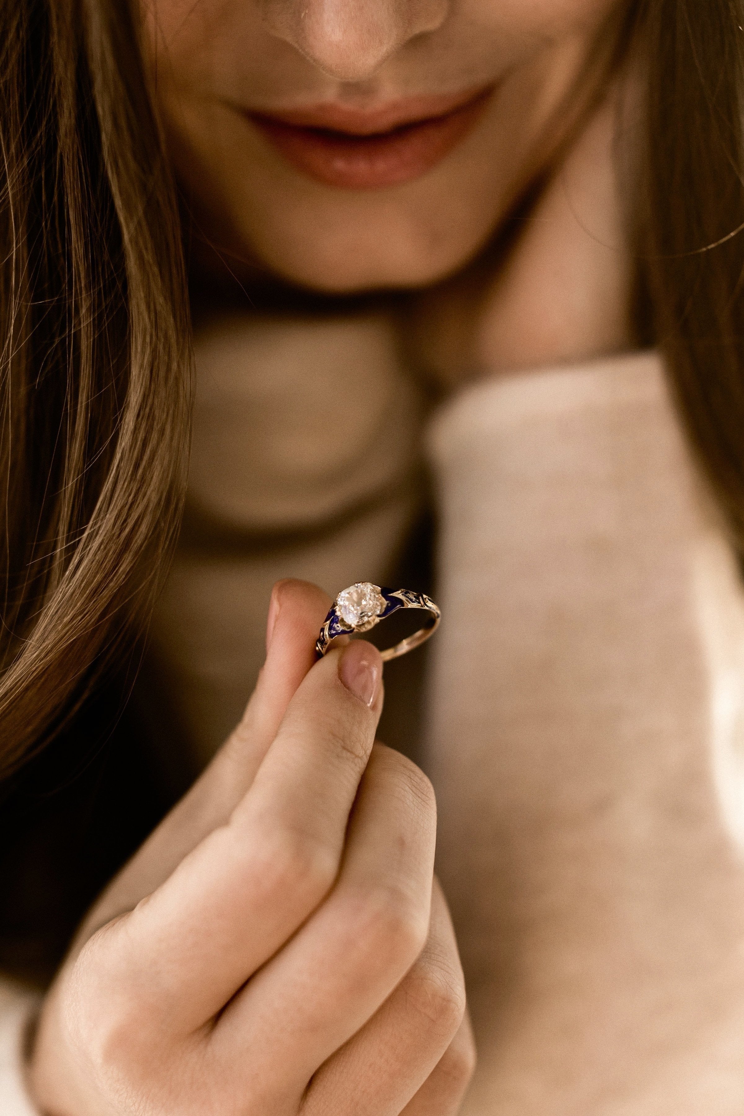 0.93ct antique cushion diamond Blue Enamel Engagement Ring Circa 1890