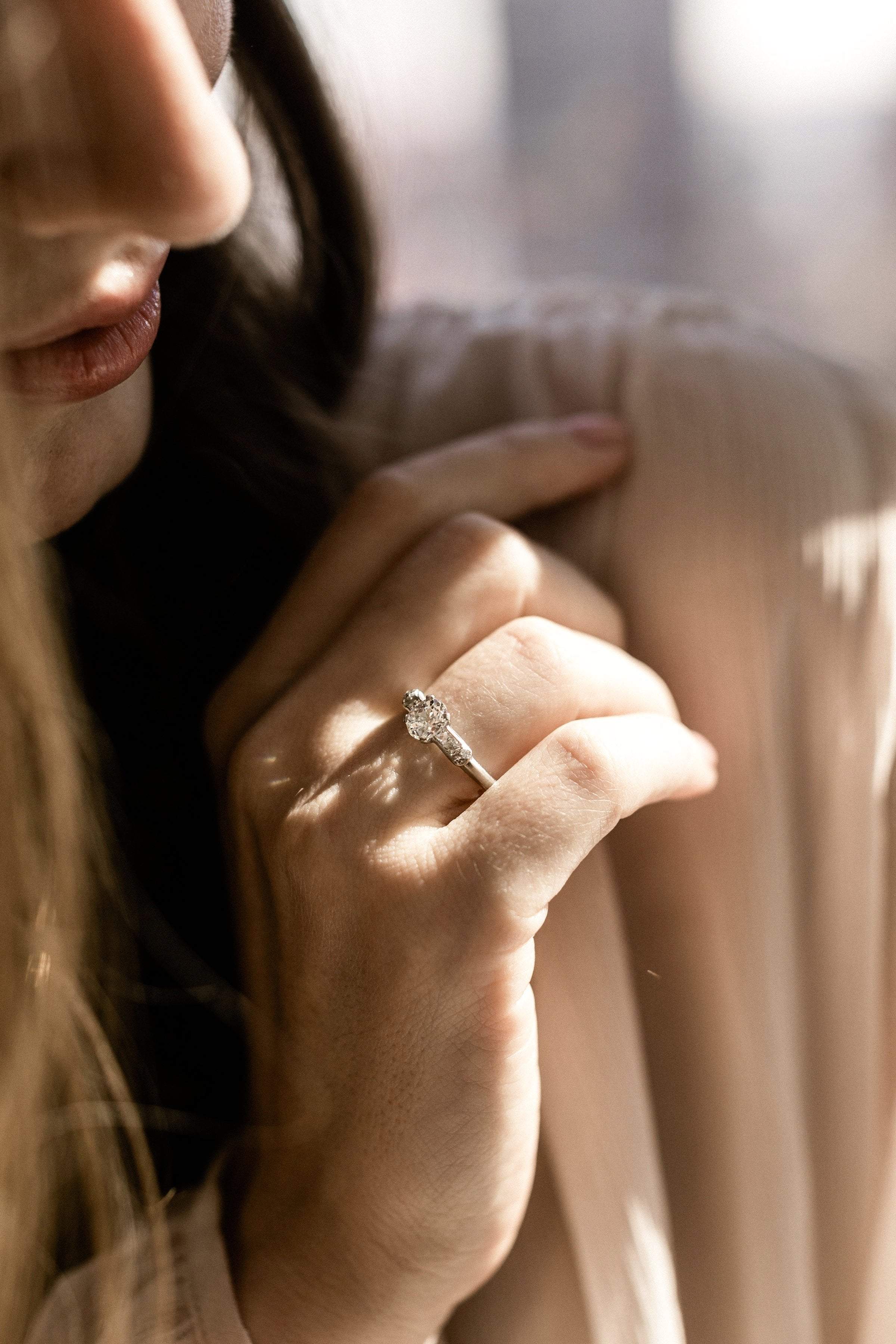 0.93ct old mine cut diamond Engagement Ring With French Cut Side Stones