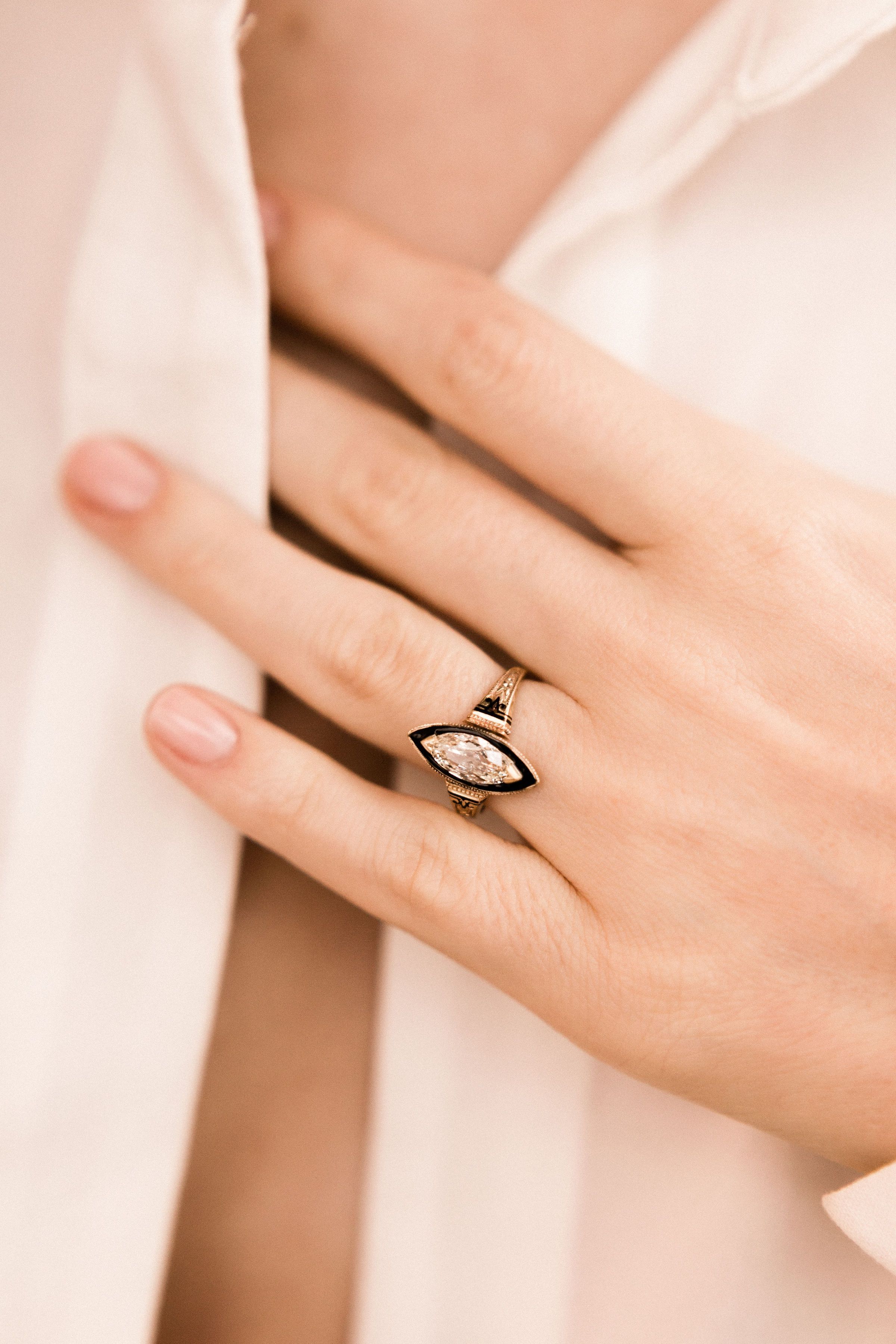 1.04ct Marquise Diamond Marquise Diamond & Black Enamel Halo Engagement Ring