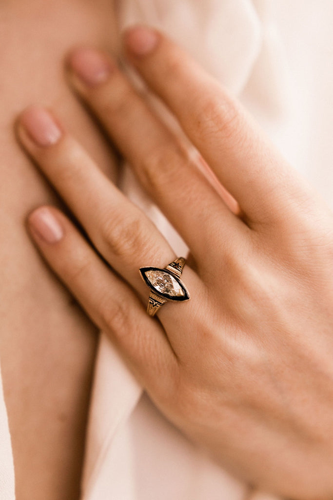 1.04ct Marquise Diamond Marquise Diamond & Black Enamel Halo Engagement Ring