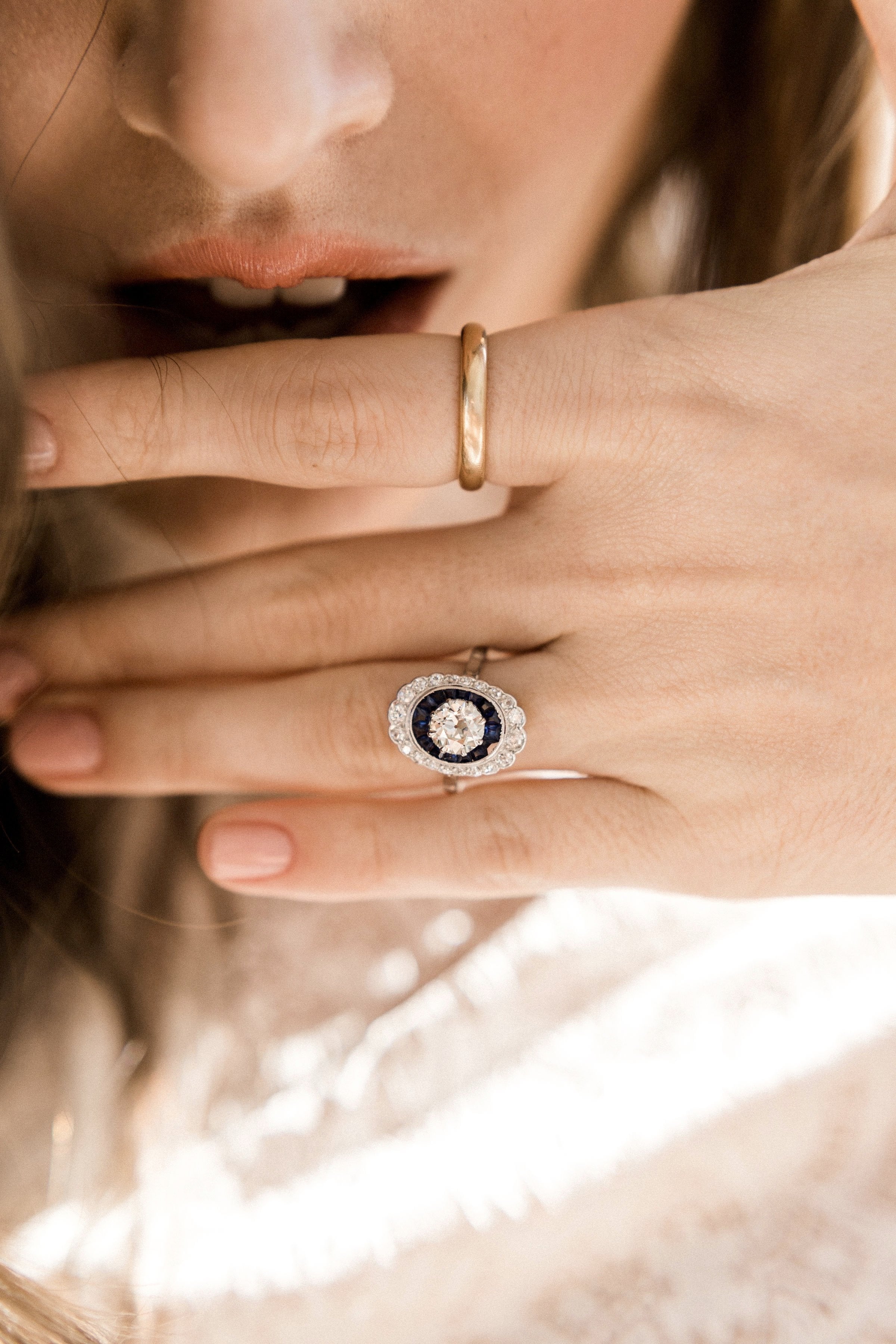 1.07ct old European cut diamonds Sapphire And Diamond Double Halo Engagement Ring