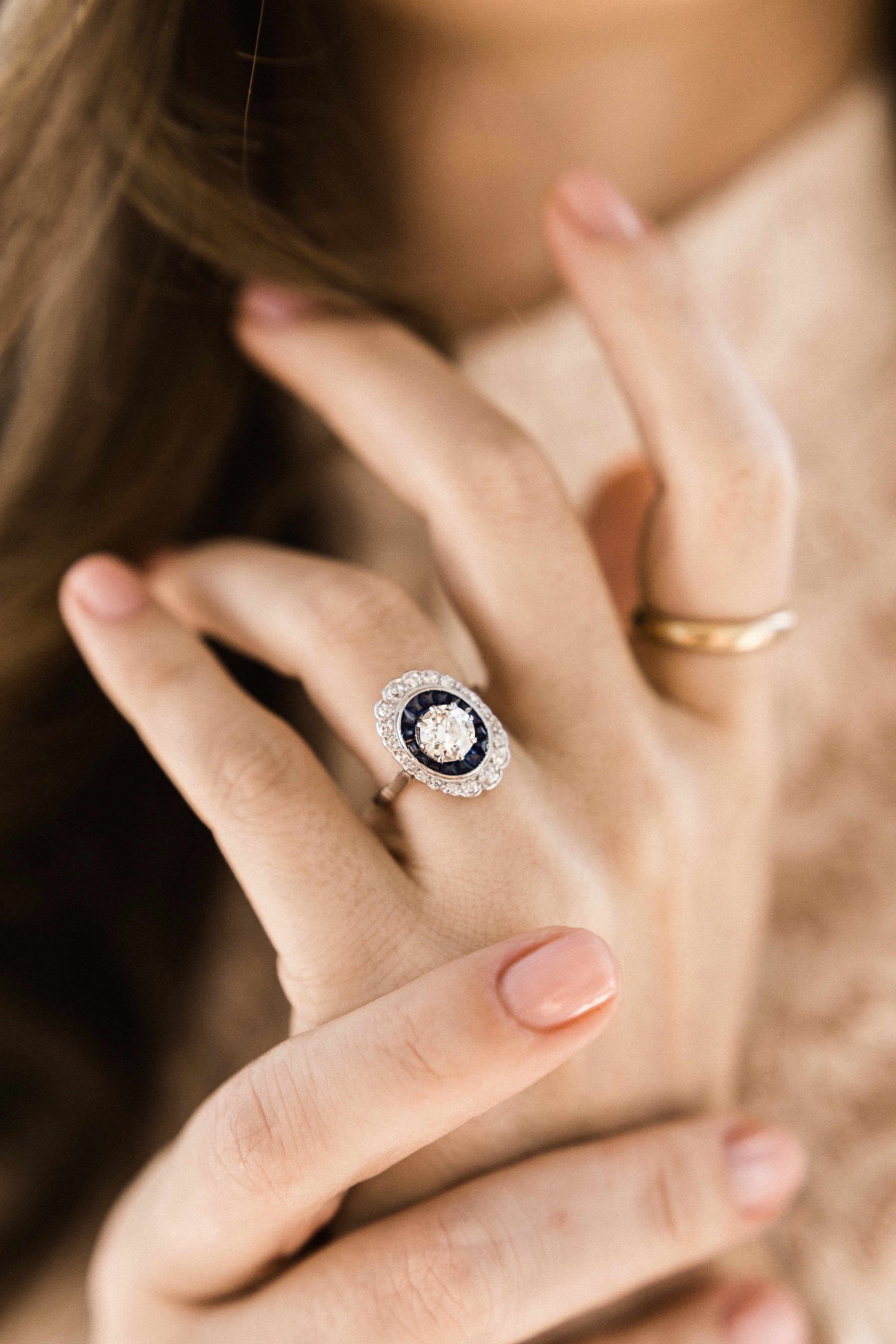 1.07ct old European cut diamonds Sapphire And Diamond Double Halo Engagement Ring