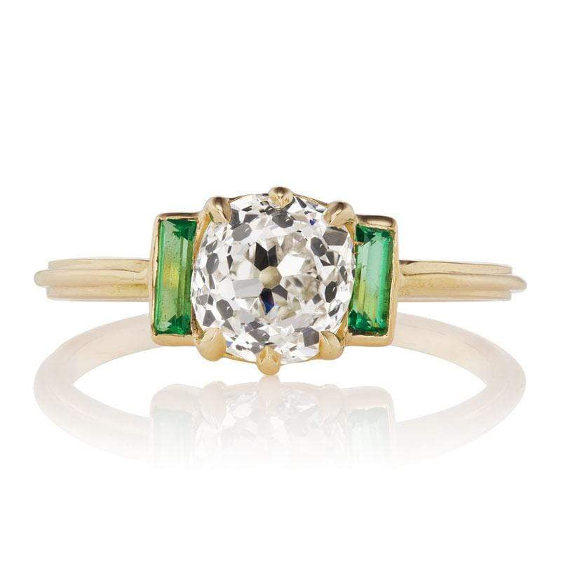 Old Mine Cut Diamond Ring Emerald Accents