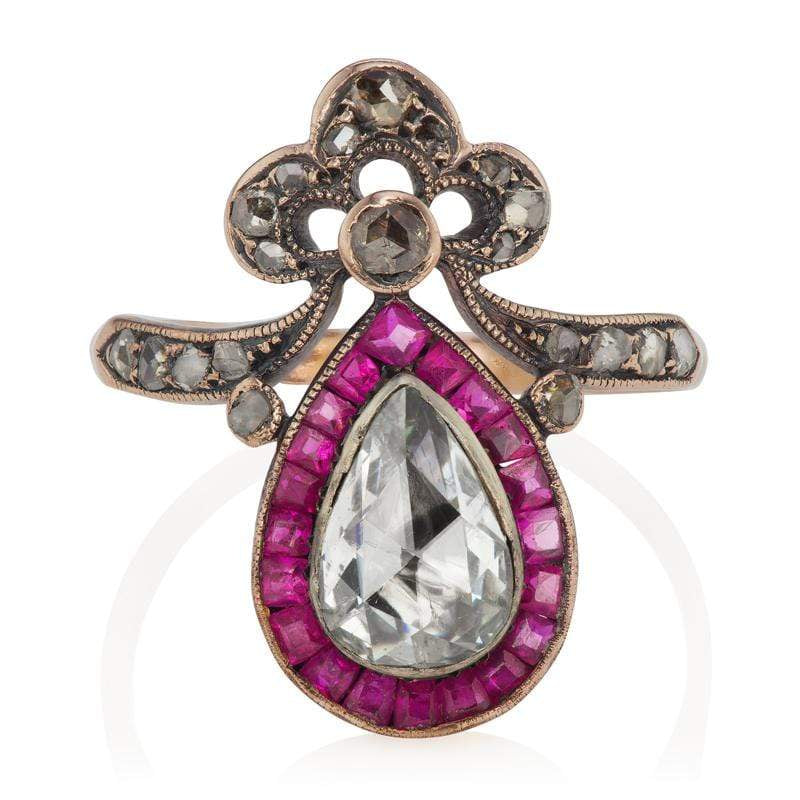 Diamond & Ruby Fleur de Lis Vintage Engagement Ring