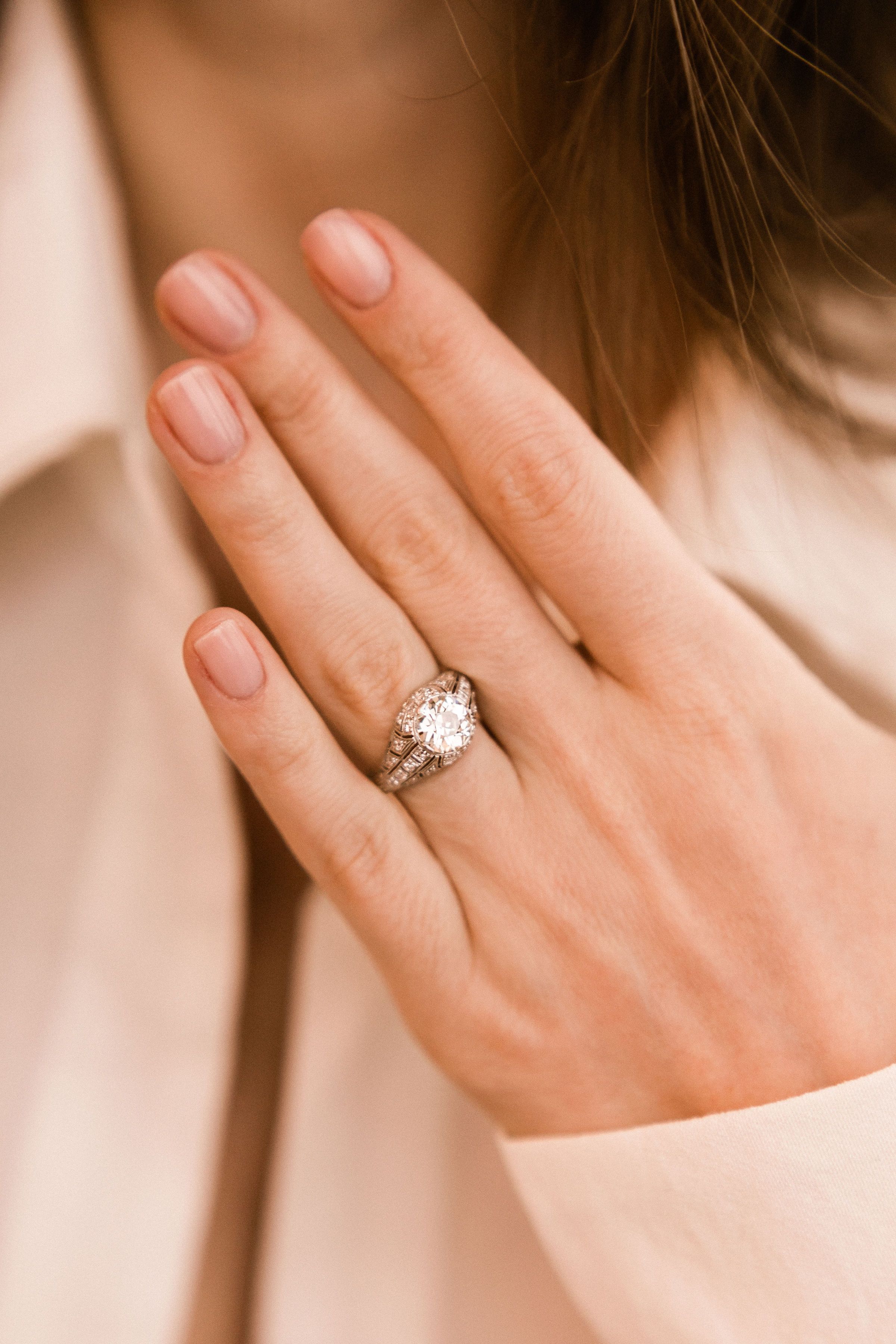 1.63ct old European cut diamond Platinum Cluster Engagement Ring