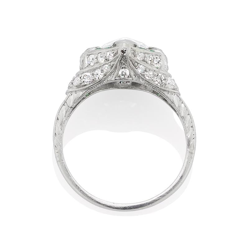 Art Deco Pear Diamond & Emerald Engagement Ring