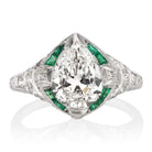 Art Deco Pear Diamond & Emerald Engagement Ring