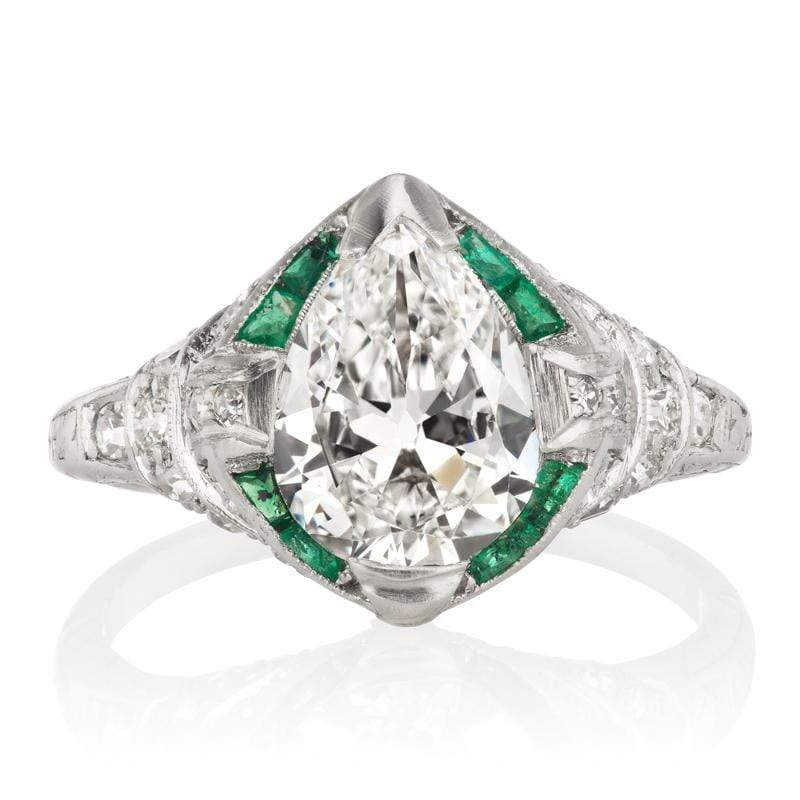 Art Deco Pear Diamond & Emerald Engagement Ring