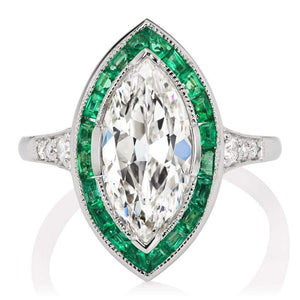 Marquise Diamond & Emerald Halo Engagement Ring