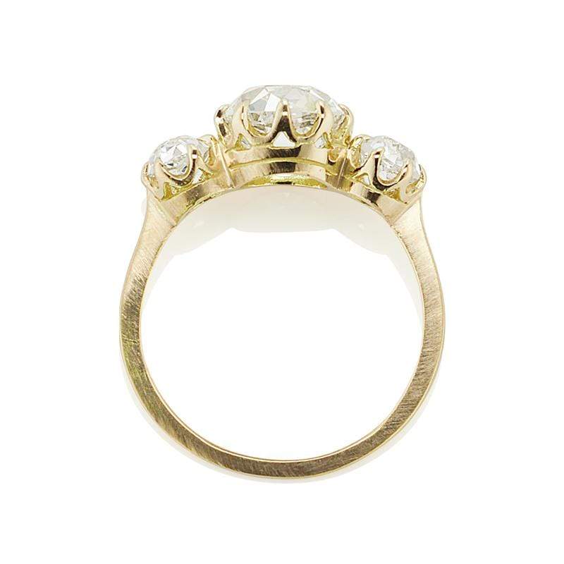 Three Stone Old Mine Cut Diamond Engagement Ring in Yellow Gold 