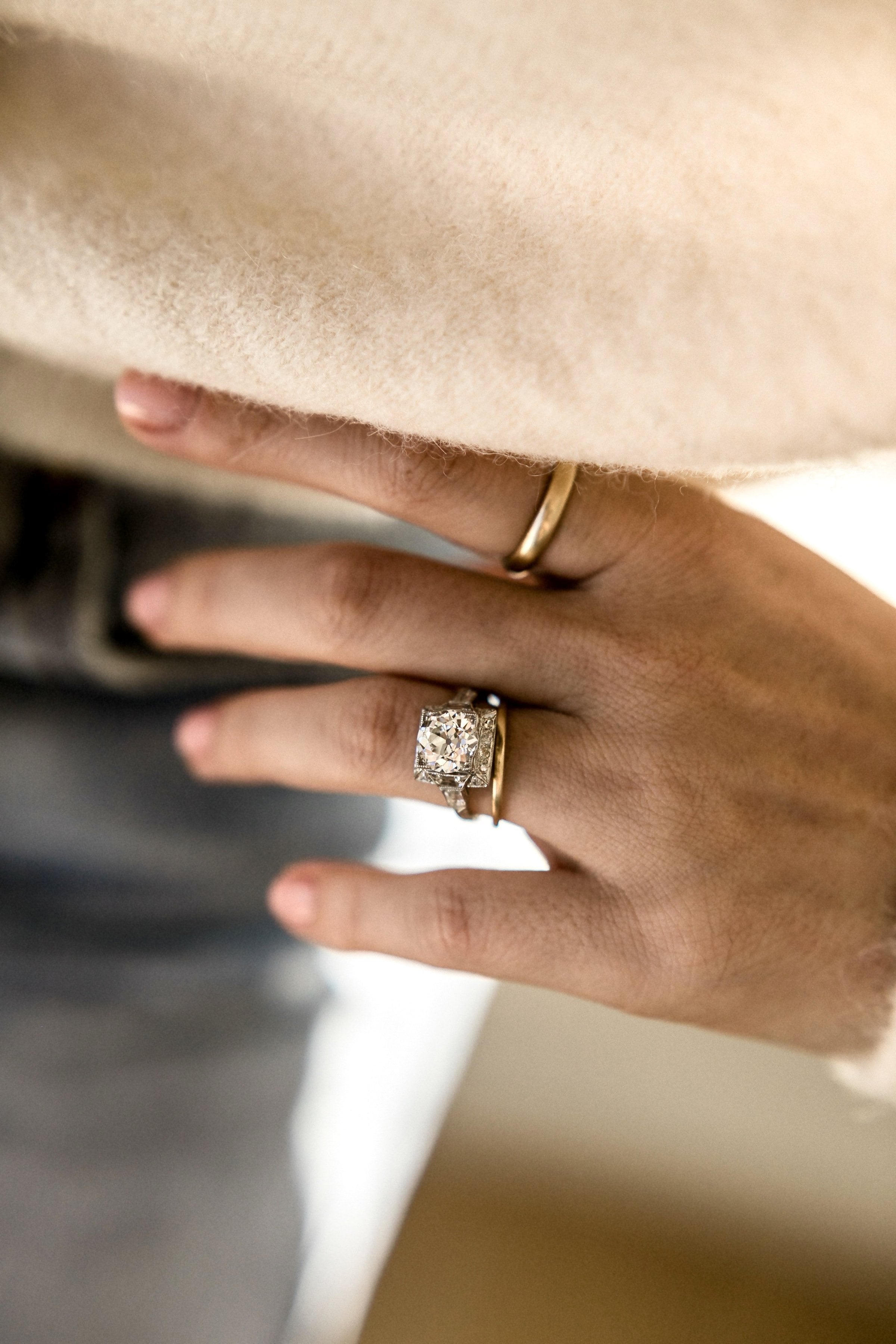 2.47ct old European cut diamond Round Diamond Square Halo Engagement Ring