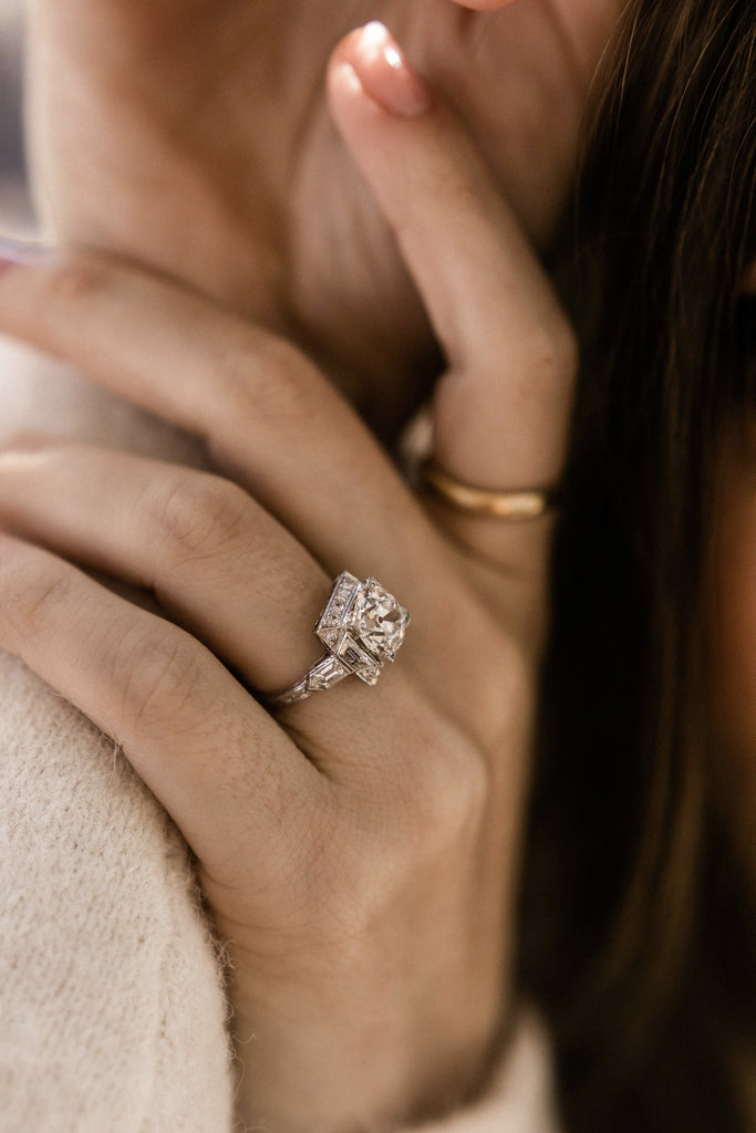 2.47ct old European cut diamond Round Diamond Square Halo Engagement Ring