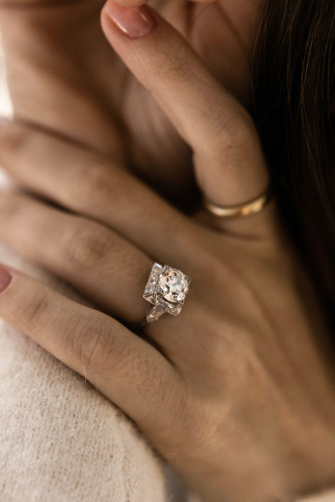 2.47ct old European cut diamond Round Diamond Square Halo Engagement Ring