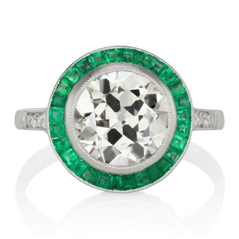 Bezel Set Emerald & Old European Cut Halo Engagement Ring
