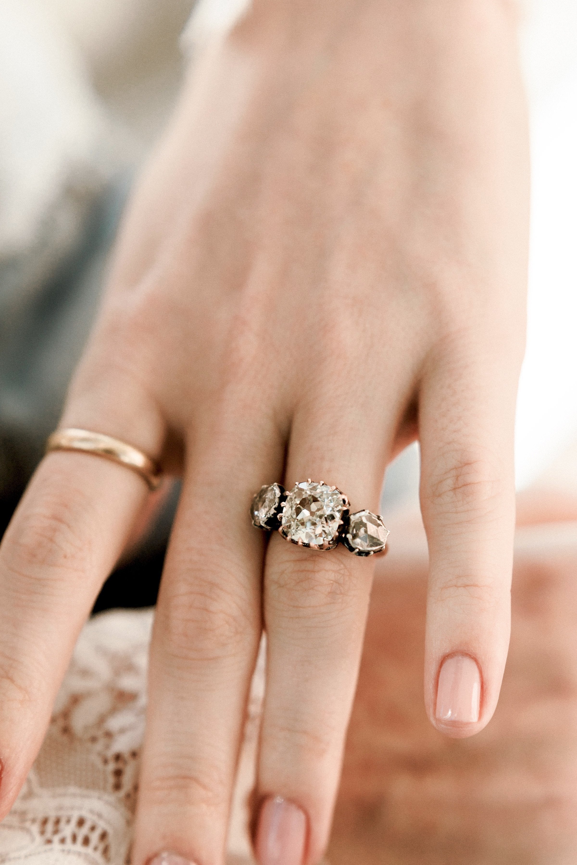 3.27ct antique cushion diamond Rose Gold And Silver Engagement Ring