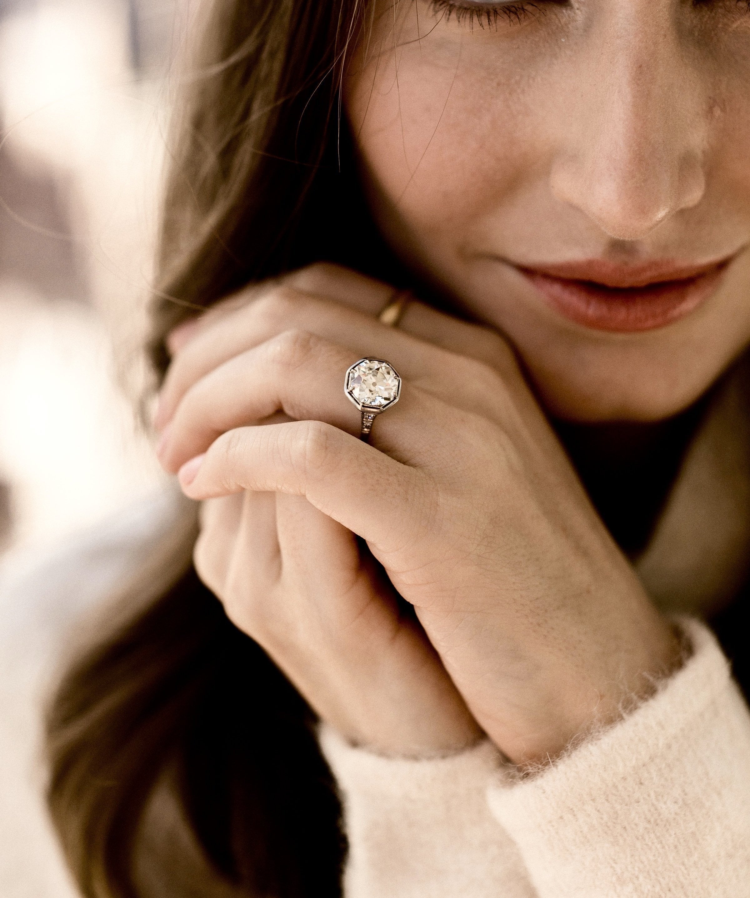 3.27ct old European cut diamond Octagon Diamond Engagement Ring