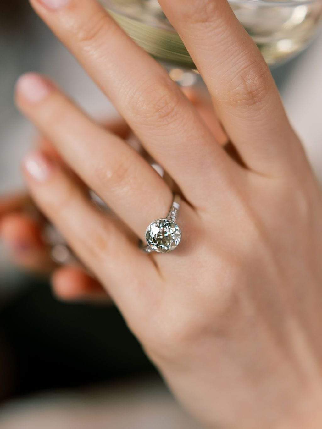 Bezel Set 3.83 ct Old European Cut Engagement Ring with Side Stones