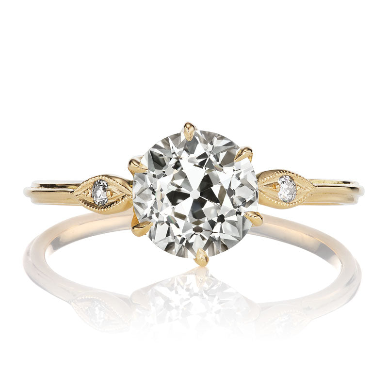 Old European Cut Engagement Ring with 18kt Gold Dainty Leaf Setting