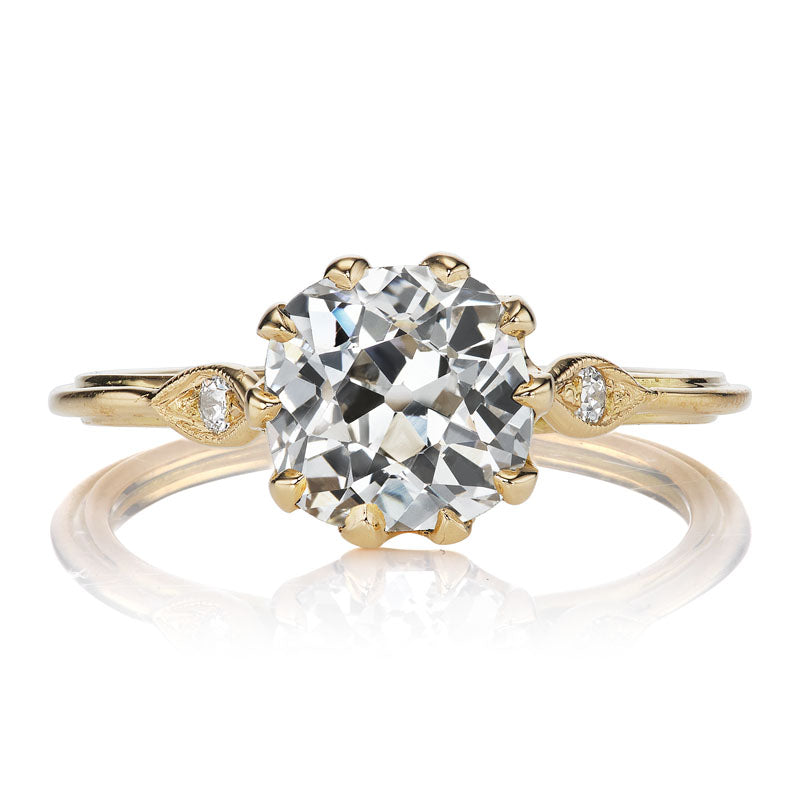 Old Mine Cut Engagement Ring with 18kt Yellow Gold Dainty Leaf Setting