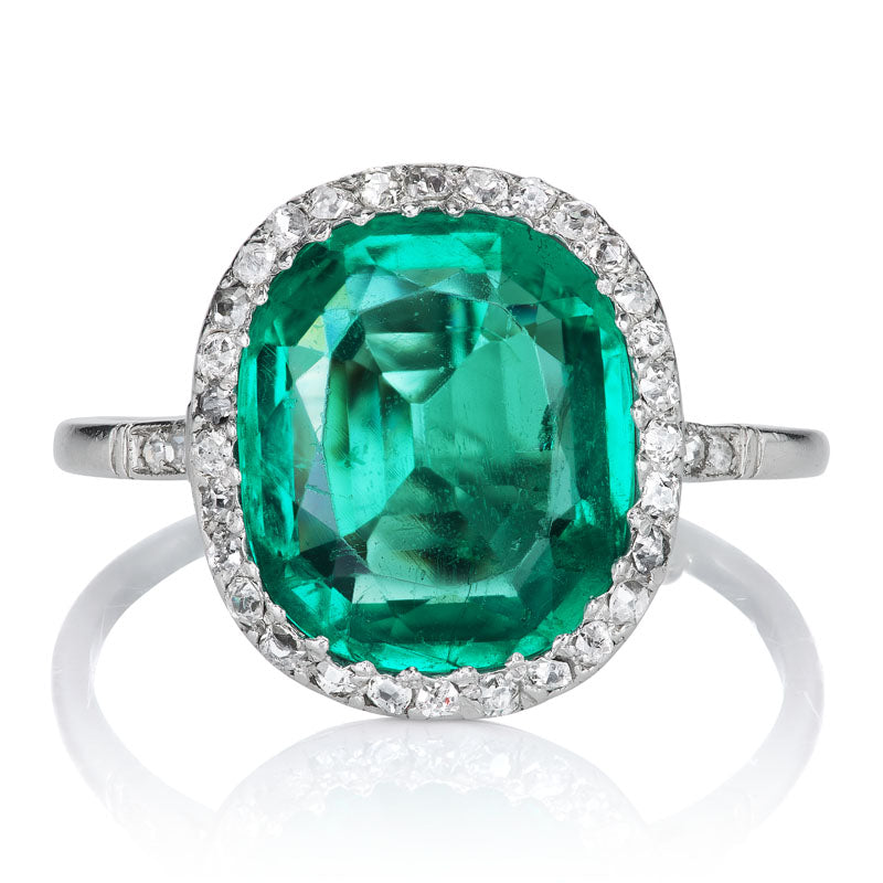 Antique Colombian Emerald Ring with Diamond Halo