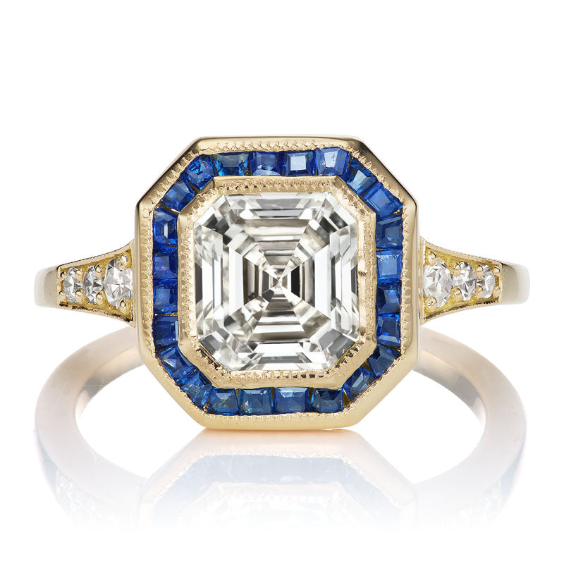 Unique 1.82ct Asscher Cut Diamond with Sapphire Halo